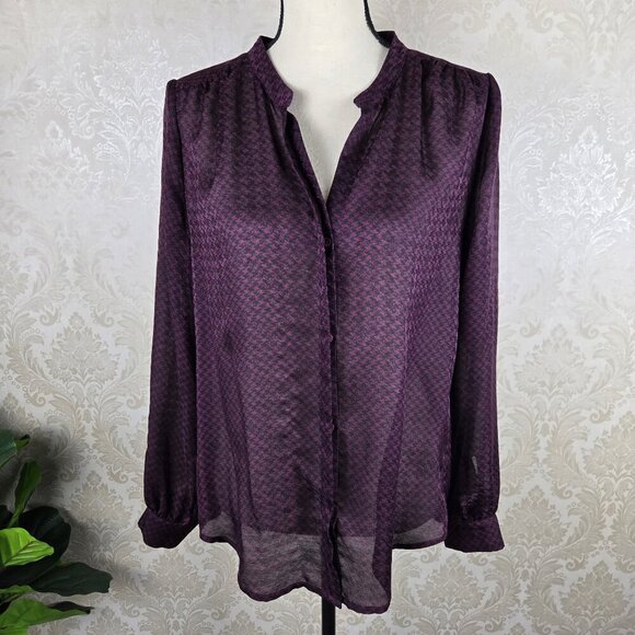 Joie Size Medium Purple Black Houndstooth Print Button Up Blouse Long Sleeve - Picture 1 of 12